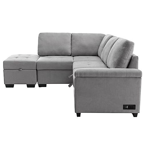 Folding Sleeper Living Room,Modular Sectional Pull, L-Shape Couch Corner Sofa-Bed Ottoman & Hidden Arm Storage & USB Charge,Dark Gray