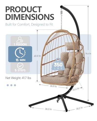 SWITTE Egg Chair Outdoor with Stand, Indoor Wicker Hanging Egg Swing Chair with Cushion, 350lbs Capacity for Patio, Bedroom, Garden - Gray