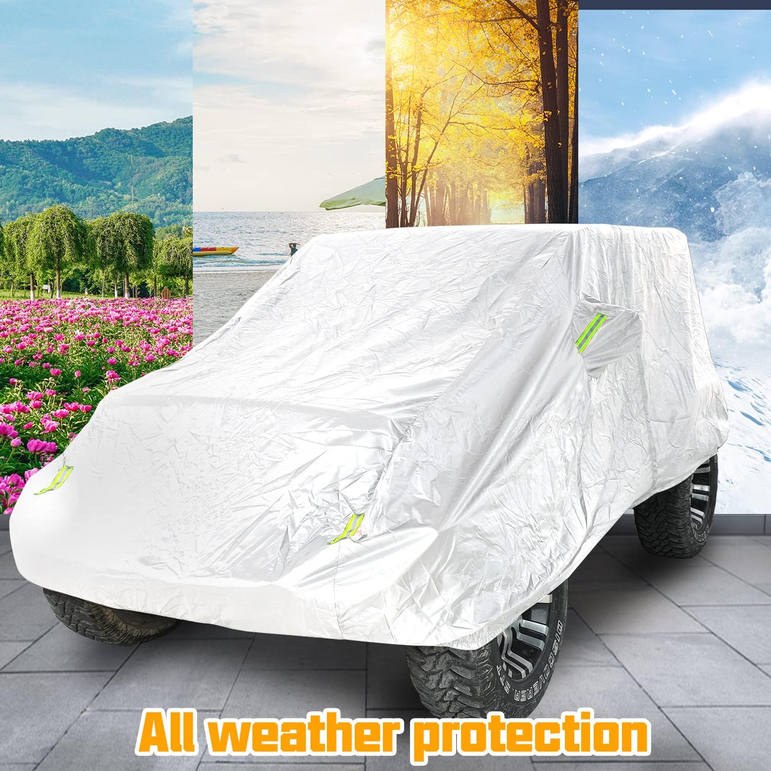 Silver 2-Door Full Car Cover Compatible with Jeep Wrangler CJ YJ TJ JK & JL 2 Door 1965-2021 All Weather Protection Snow Rain Waterproof Sun Shade