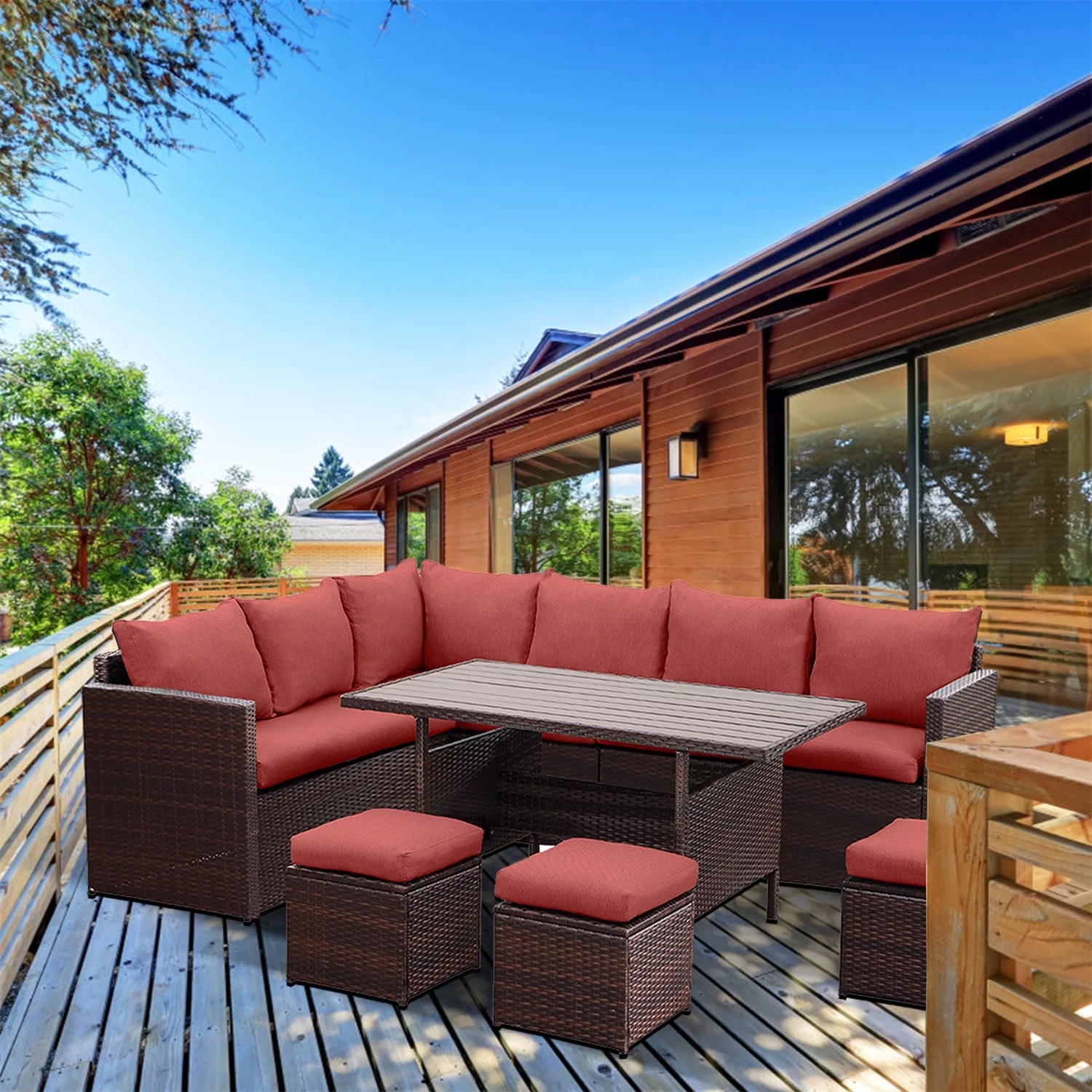 CozyHom 7 Pcs Outdoor Patio Wicker Dining Furniture Sofa Sets, Rattan Conversation Sectional Couch Set with Table and Ottomans, Red
