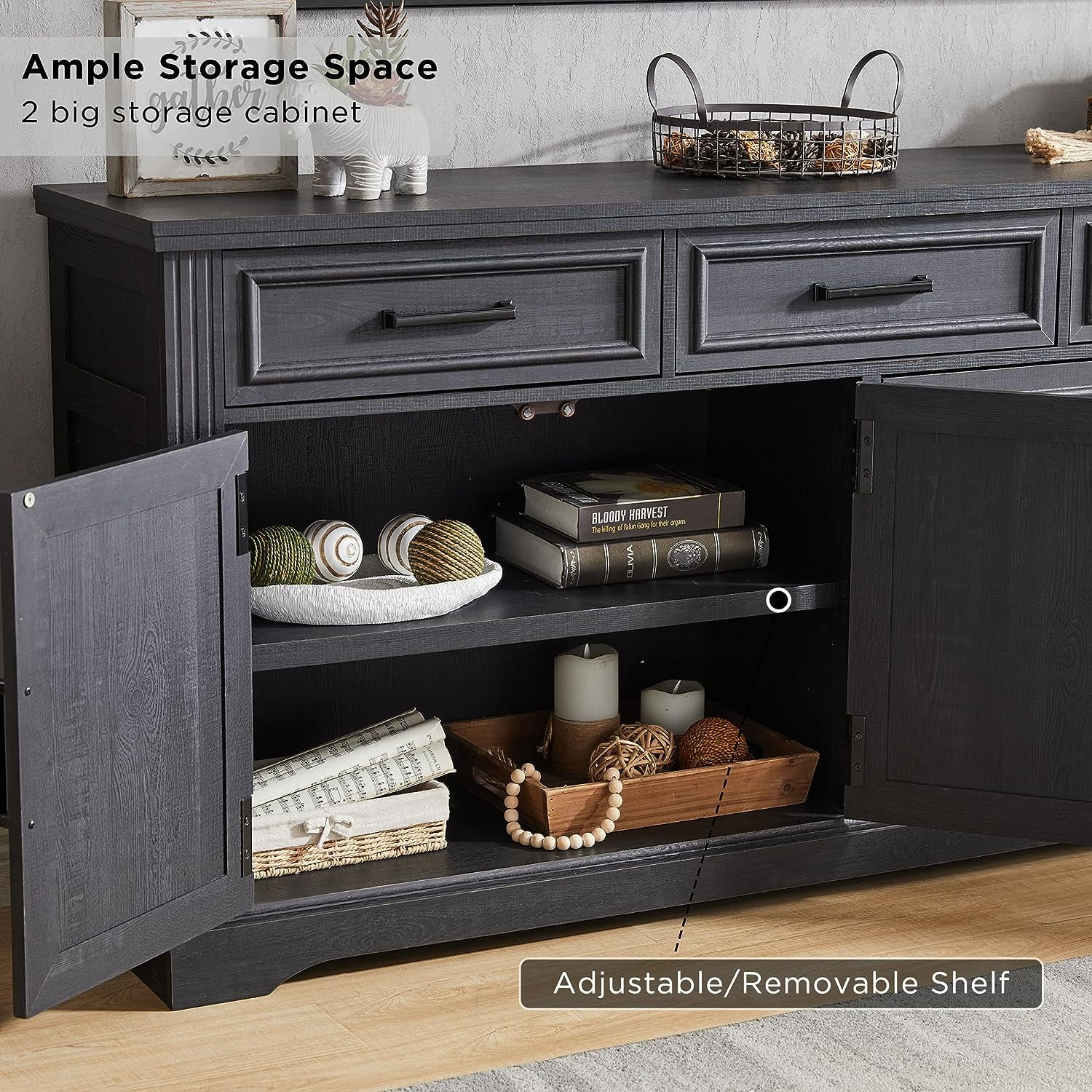 T4TREAM Farmhouse Sideboard Storage Cabinet with 3 Drawers & 4 Doors, 66'' Wide Buffet Cabinet for Dining Room, Black