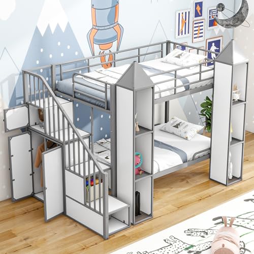 Full-Over-Full Castle Style Bunk Bed with 2 Drawers and 3 Shelves, Wood Bunk Bed Frame with Slide and Storage Staircase for Kids Teens Boys Girls