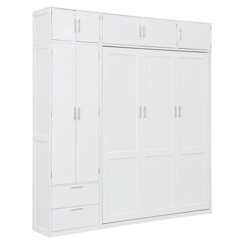 P PURLOVE Wood Twin Murphy Bed with Light and USB, Modern Wall Bed with Top Cabinet and Storage Shelves, Space Saving, No Box Spring Needed (Gray)