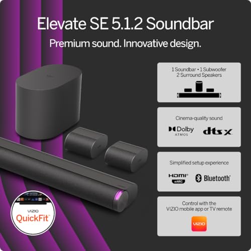 VIZIO 5.1.2 Elevate SE Soundbar, Wireless Subwoofer, Surround Sound w/Dolby Atmos & DTS:X, Bluetooth Speaker, QuickFit™ Compatible – SL512X-08 (New
