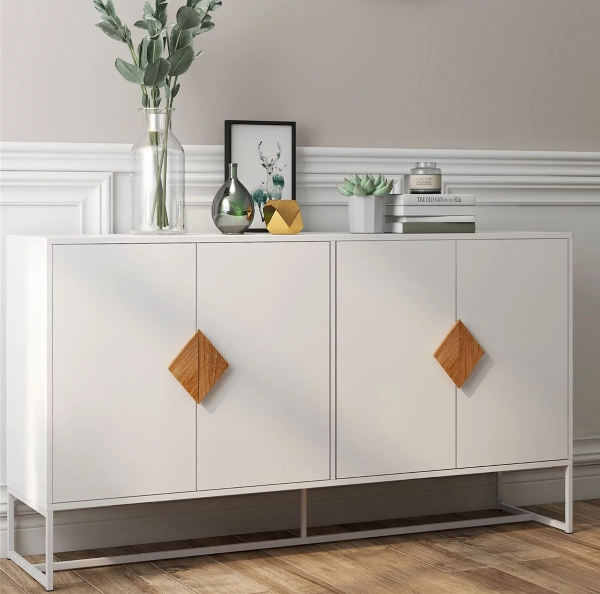 Astarth Storage Sideboard Cabinet White Modern 4 Doors Kitchen Buffet Cabinet Television Tables Entryway Cupboard Furniture with Solid Wood Square