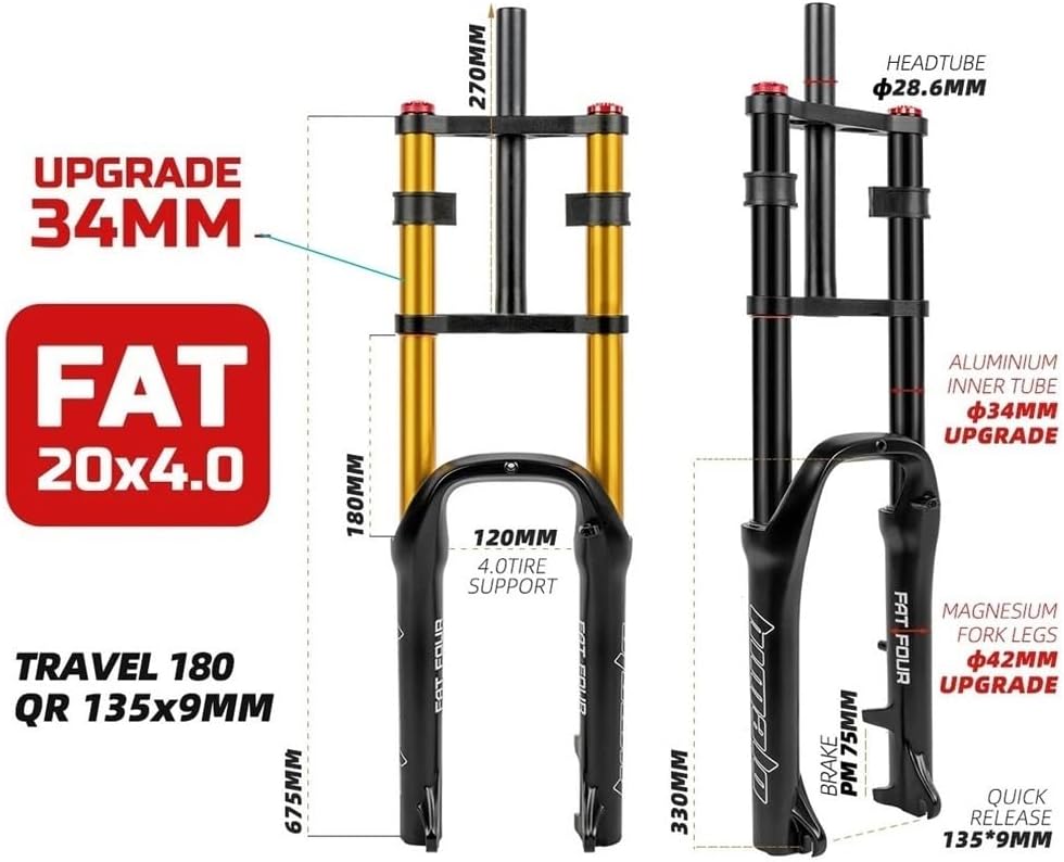 20 Inch Bike Suspension Fork 4.0 Tire Fat Fork Straight Double Shoulder Air Fork Travel 110mm QR 135mm Disc Brake Front Fork Rebound Adjustable