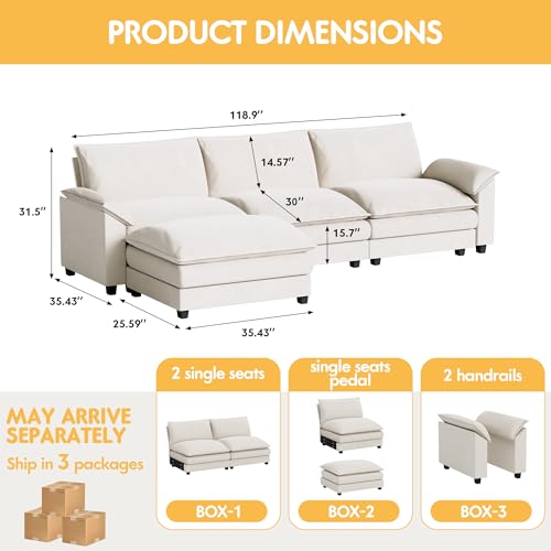 Homall 119" Modular Sectional Sofa, L Shaped Sofa Couch with Reversible Ottoman, DIY Combination Chenille Deep 3-Seat Cloud Couch for Living Room