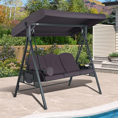 PURPLE LEAF Outdoor Patio Porch Swing with Adjustable PVC Canopy, 3-seat Swing Chair Bench with Side Cup Holder for Backyard Front Porch Lawn