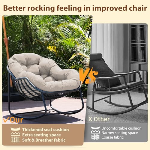 Outdoor Indoor Rocking Chair, Patio Wicker Egg Chair, Indoor & Outdoor Comfy Oversized Papasan Chair with Padded Cushion