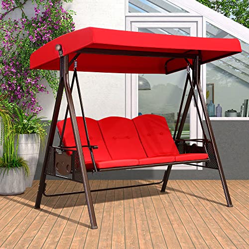PURPLE LEAF 3-Seat Deluxe Outdoor Patio Porch Swing with Weather Resistant Steel Frame, Adjustable Tilt Canopy, Cushions and Pillow Included, Beige
