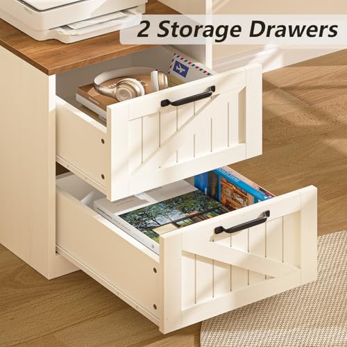 63" Farmhouse L Shaped Executive Desk with Drawers & Storage Shelf, Corner Computer Desk with Power Outlets, L Shaped Office Desk with Monitor Stand