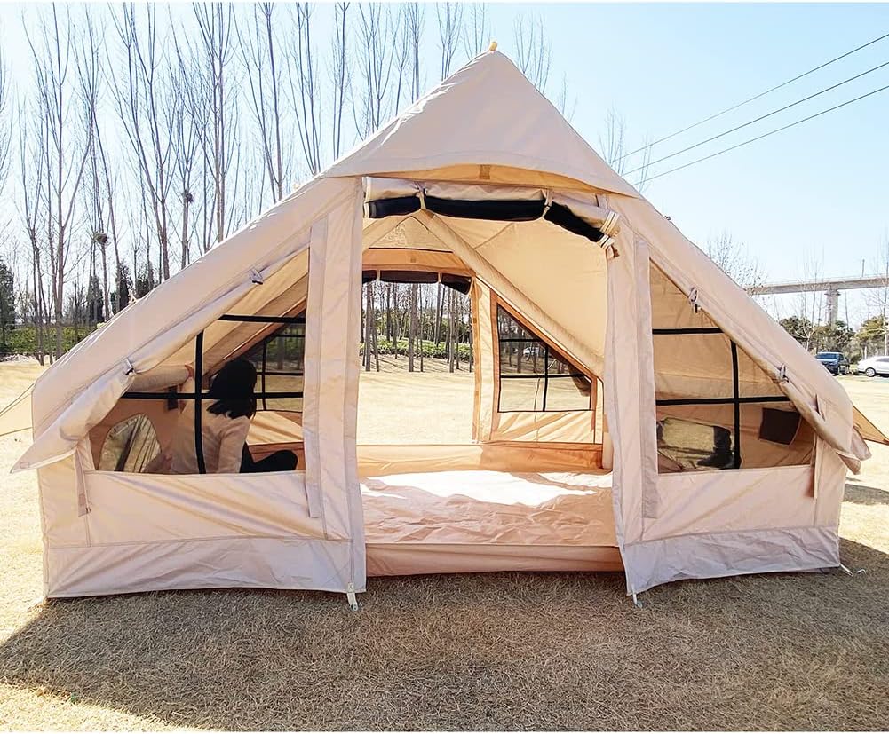 Inflatable Glamping Tent with Pump, Easy Setup Waterproof Outdoor Oxford Tents, Self-Supporting Structure Cabin Tent with Mosquito Screen