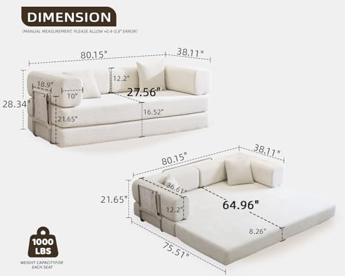 Convertible Sleeper Sofa Bed No Assembly Corduroy Upholstered Green Modular Floor Couch Queen/King Size Foldable Futon with Memory Foam for Apartment