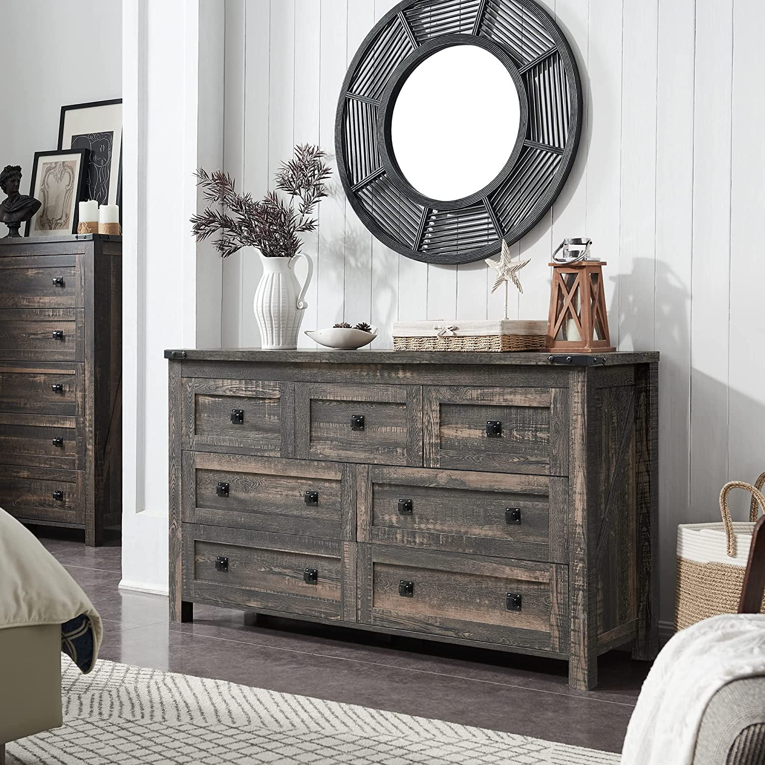 Popular Farmhouse 8 Drawers Dresser Chests for Bedroom  Wood Rustic Wide Chset of Drawers Storage Dressers Organizer for Bedroom  Living Room Hallway