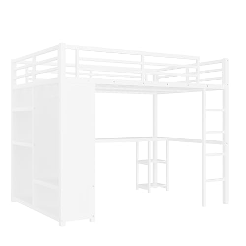 Bellemave Queen Size loft Bed with L Desk, Wardrobe, Metal Queen Loft Bed Frame for Adults, Kids, Teens, Black