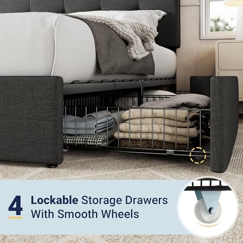 Allewie Upholstered Queen Size Platform Bed Frame with 4 Storage Drawers and Headboard, Square Stitched Button Tufted