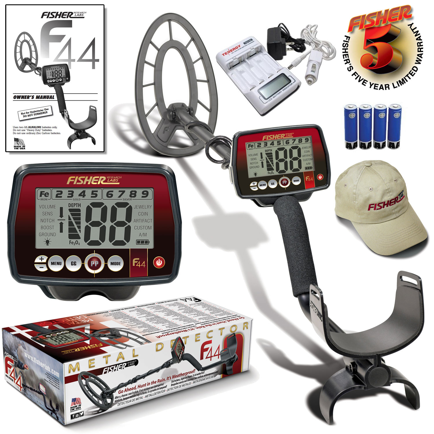 Fisher F44 Metal Detector Bonus Package with 11 inch Coil and 5 Year Warranty