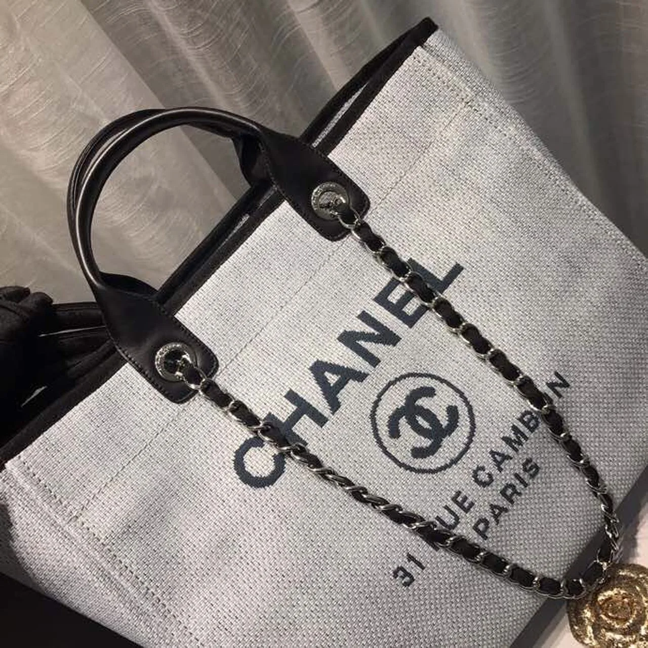 Chanel Deauville Tote Canvas Bag Light Grey For Women, Women&rsquo;s Handbags, Shoulder Bags 15in/38cm A66941