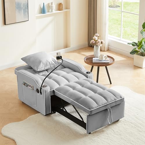 GERRIT Velvet Convertible Sleeper Sofa Chair Bed, 3 in 1 Multi-Functional Lounge Chair Sleeper