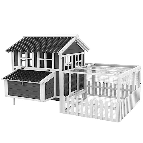 PawHut Wooden Chicken Coop with Run for 3-4 Chickens, Hen House with Nesting Box, Removable Tray, Fence, Outdoor Poultry Cage, 68" x 59" x 42", Gray