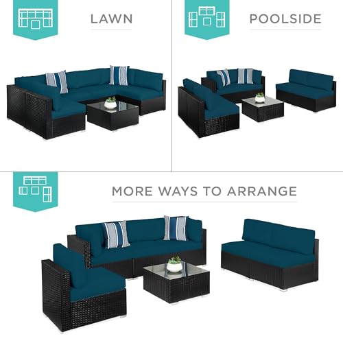 Best Choice Products 7-Piece Modular Outdoor Sectional Wicker Patio Conversation Set w/ 2 Pillows, Coffee Table, Cover Included - Gray/Navy