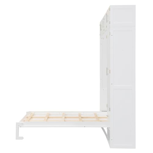 P PURLOVE Wood Twin Murphy Bed with Light and USB, Modern Wall Bed with Top Cabinet and Storage Shelves, Space Saving, No Box Spring Needed (Gray)