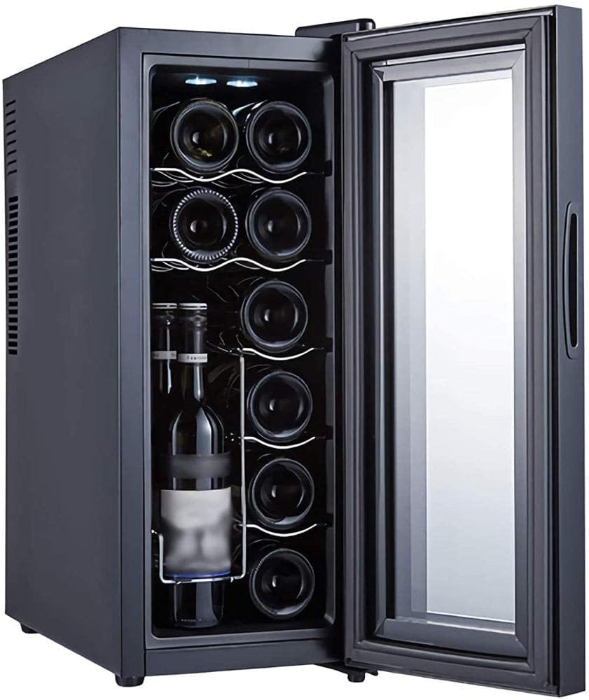 Wine Cooler 12 Bottle Thermoelectric Wine Cellar Fridge Small Countertop Constant Humidity Wine Refrigerator Digital Control Glass Door Black-A Metal