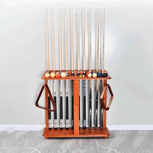Freestanding Floor Stand Pool Cue Rack - Holds Up to 10 Cues & Billiard Accessories, Corner Design for Game Room - Durable Brown Finish