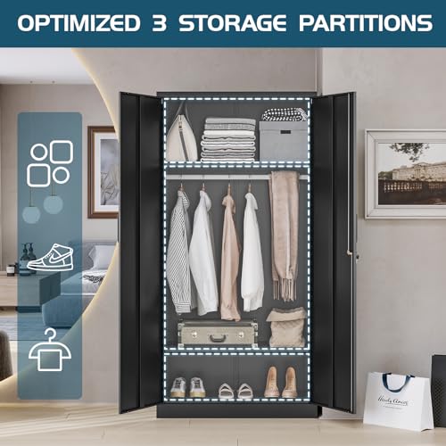 MIIIKO Steel Cabinet Wardrobe, Metal Locker Cabinet with Hanging Rod, Metal Clothing Locker Storage for Home, Office, Garage and Changing Room