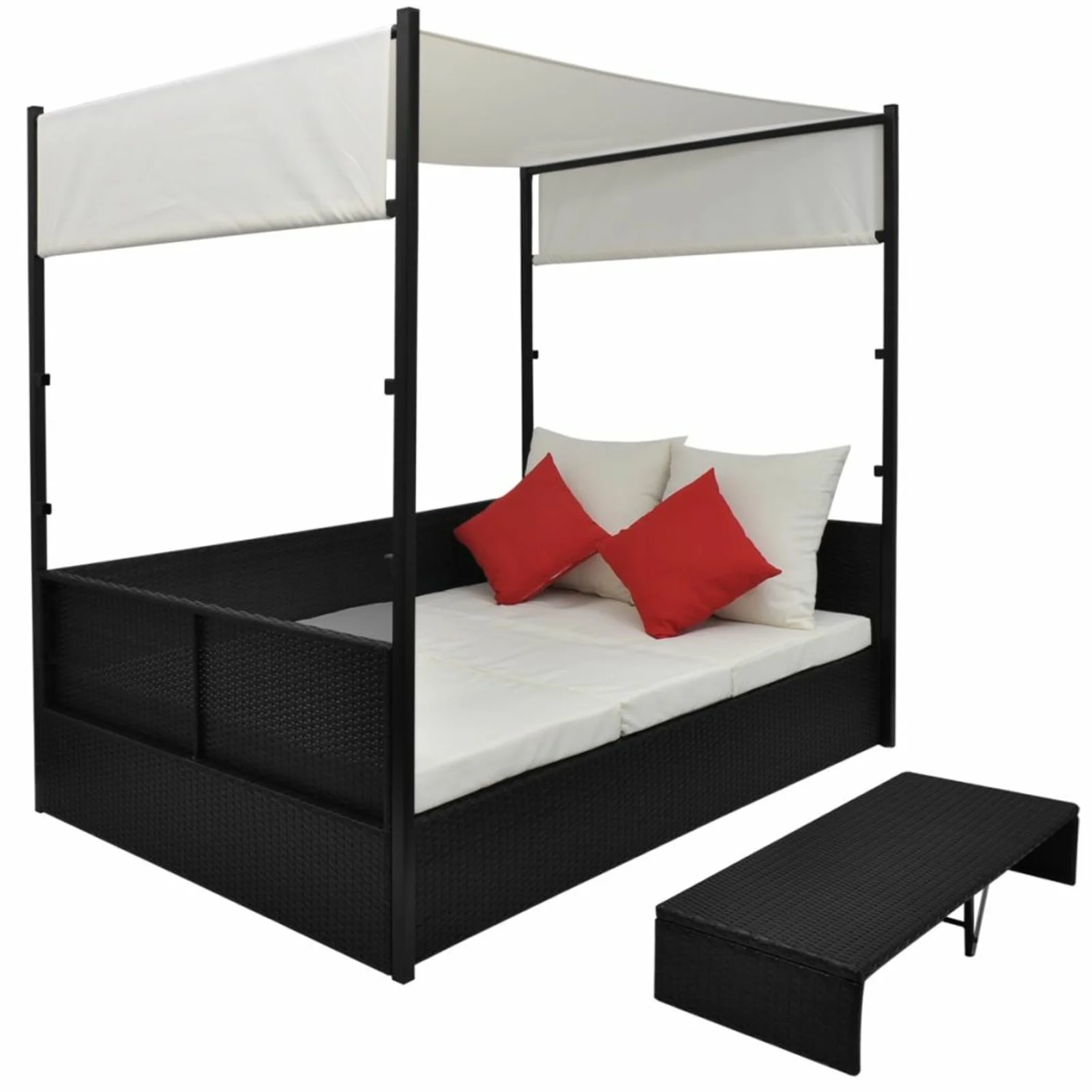 Dcenta 2-Person Sun Lounger with Canopy and Tea Table Outdoor Daybed Black Poly Rattan Double Chaise Lounge Bed for Patio, Garden, Backyard, Poolside