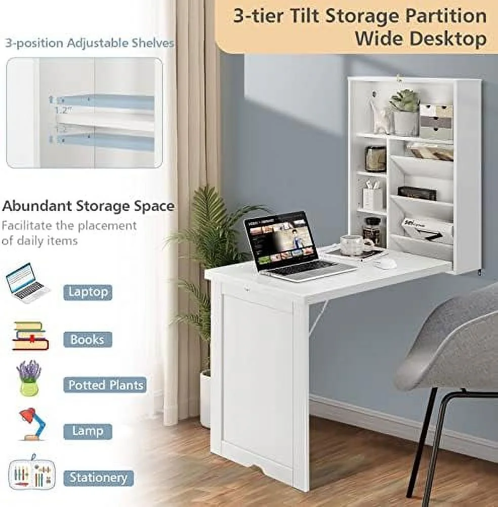 HJZBNONE Wall Mounted Desk  Folding Floating Desk with 3-Tier Tilt  Partition and Adjustable Shelves  Space-Saving Fold up Desk Laptop Desk