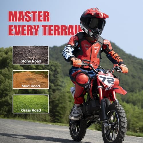 Kids Off-Road Dirt Bike 49CC 2-Stroke Gas Powered Mini Motorcycle with Front & Rear Disc Brakes, Easy Pull Start, 30 MPH Max Speed, 220 LBS Capacity
