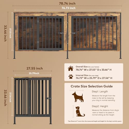 78 Inch Dog Crate Furniture for 2 Dogs,Extra Large Double Dog Kennel Furniture with Removable Divider, XXL Thick Wooden Dog Cage TV Stand