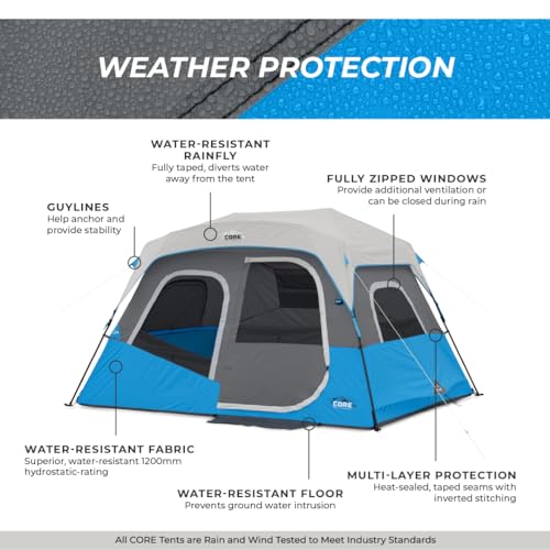 CORE Instant Cabin Tents with LED Lights | 6 Person / 9 Person / 12 Person Family Multi Room Lighted Pop Up Tents for Camping | Included Storage
