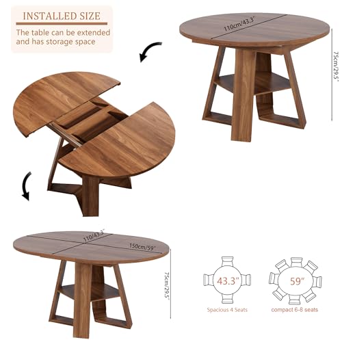 43.3in-59in Extendable Round Dining Table for 4-8,Modern Kitchen Oval Dining Table with Removable Leaves Space Saving