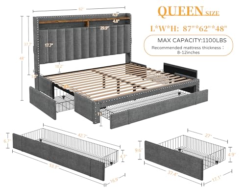 EnHomee Queen Bed Frame with 3 Storage Drawers, Upholstered Bed Frame Queen Size with 2-Tier Storage Headboard, Wooden Slats, No Box Spring Needed