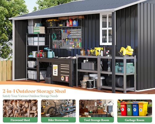 AMERLIFE 10.6x10.3x6.3 FT Metal Storage Shed with Sliding Doors Two 4-Pane Windows, Open Outdoor Shed for Wood Storage, Dark Grey/White