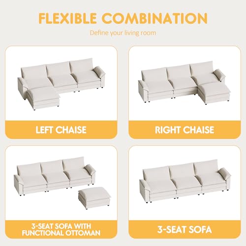 Homall 119" Modular Sectional Sofa, L Shaped Sofa Couch with Reversible Ottoman, DIY Combination Chenille Deep 3-Seat Cloud Couch for Living Room