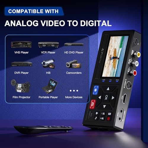 Portta VHS to Digital Converter, Video to Digital Recorder with Remote, Compatible with VHS, VCR, DVR, DVD, Hi8, Mini DV Players, Camcorder
