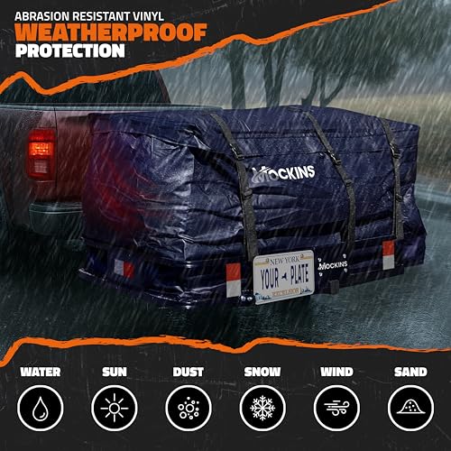 Mockins 60"x30"x6" Navy Folding Cargo Hitch Carrier & 30 CuFt Trailer Hitch Cargo Carrier Bag | 500Lbs Cap Folding Luggage Rack with Waterproof