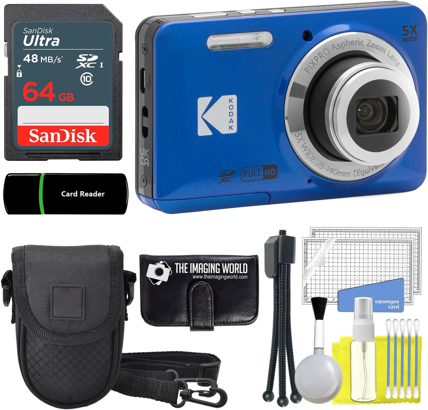 Kodak PIXPRO FZ55 Blue 16MP Digital Camera 5X Optical Zoom 28mm Wide Angle 1080P Full HD Video 2.7" LCD Camera + 64GB Card and Reader + Case + Memory