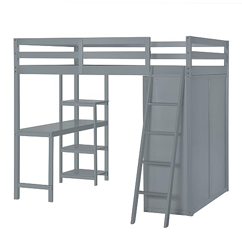 Twin Loft Bed with Staircase, Desk and Wardrobe, Wood Loft Bed with Storage Shelves and Safety Guardrail