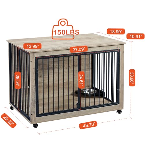Large Dog Kennel Furniture -Adjustable Raised Feeder for Dogs with 1 Stainless Steel Bowls -End Table Dog House Spacious and Stylish Crate for Your