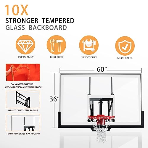 PROGOAL Basketball Hoop Garage Wall Mounted Adjustable-Height, with 60''x36''Tempered Glass Backboard, Pro-Style Breakaway Rim