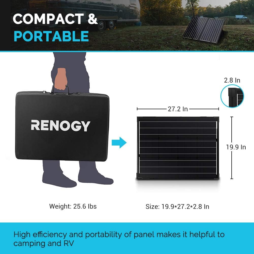 Renogy 100W 12V Monocrystalline Off Grid Portable Foldable 2pcs 50W Solar Panel Suitcase Built-In Kickstand
