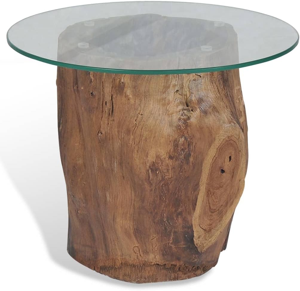 Teak Tree Stump Coffee Table, Natural Wood Side Table with Tempered Glass Top & Teak Base, Solid Wood Round Sofa Table, Tea Stand, Living Room