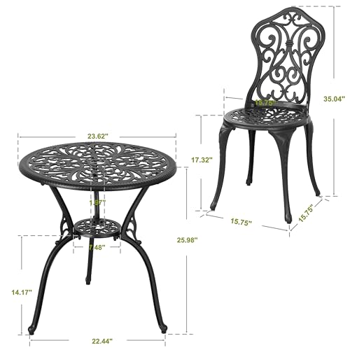 NUU GARDEN 3 Piece Bistro Set Outdoor, All Weather Cast Aluminum Patio Bistro Sets Patio Table and Chairs Set of 2 with Umbrella Hole for Yard