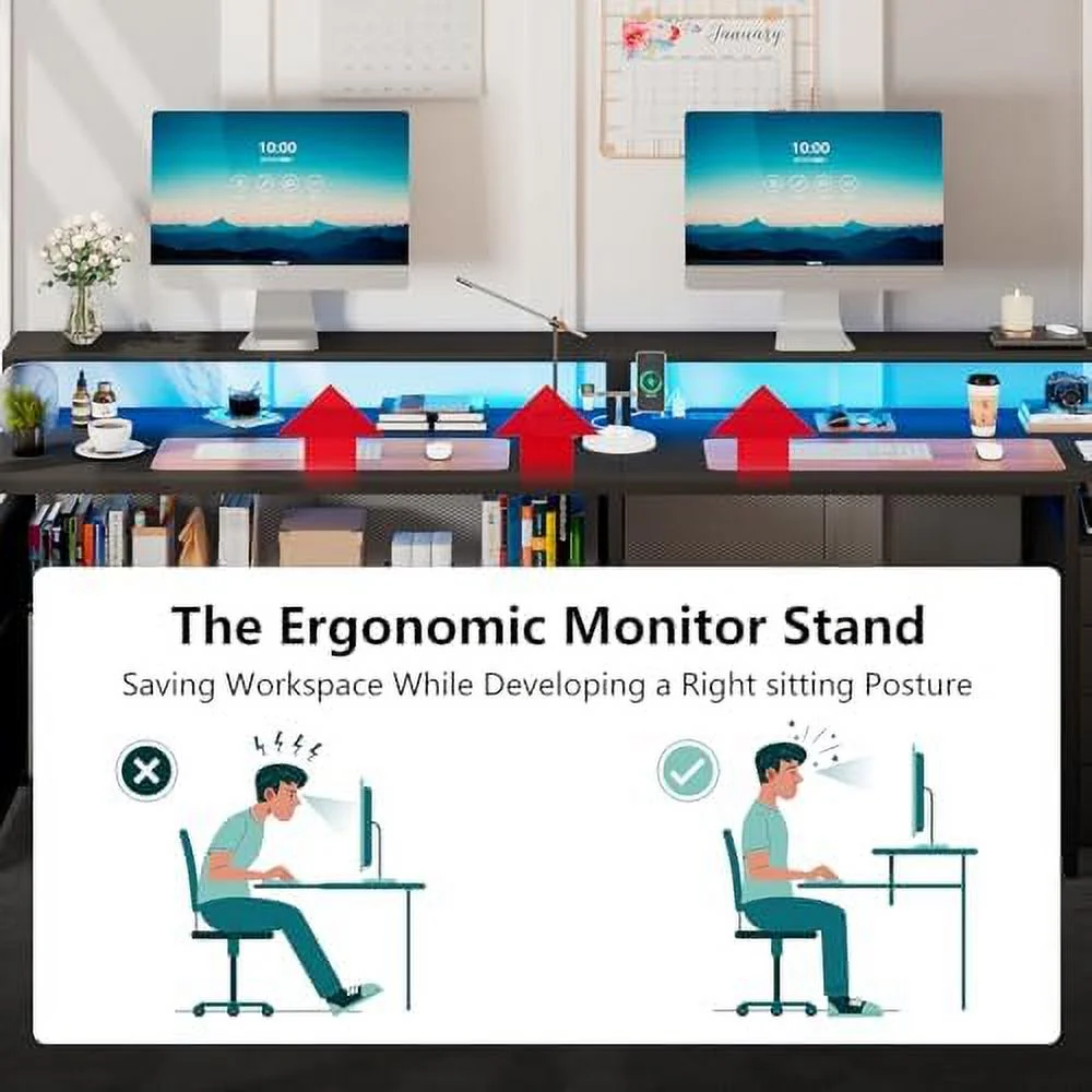 ZFGSUIJN L Shaped Desk with LED Lights &amp; Power Outlets  Reversible Home Office Desk with Drawers &amp