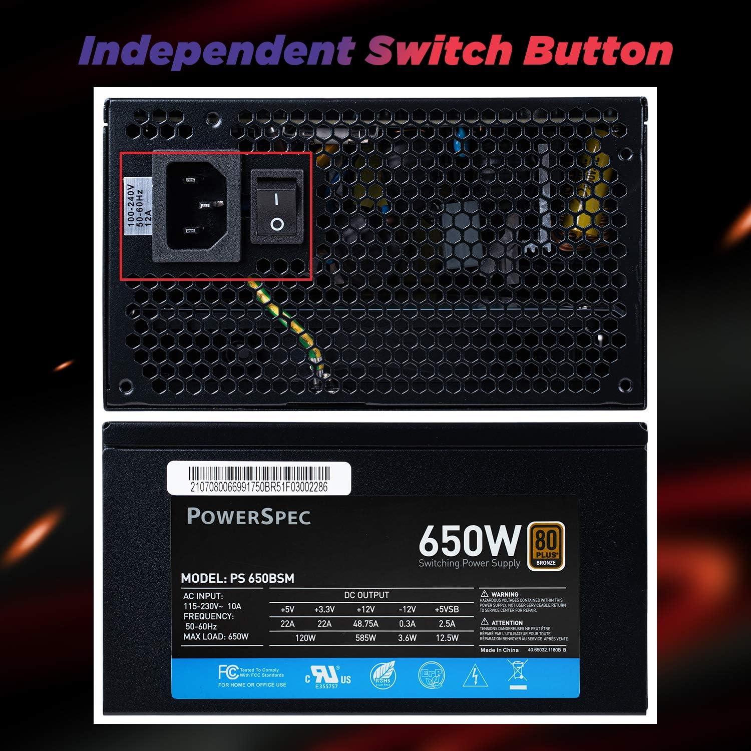 PowerSpec 650W Power Supply 80 Plus Bronze Certified Fixed Cable Non-Modular ATX PSU Active PFC SLI Crossfire Ready Gaming PC Computer Switching