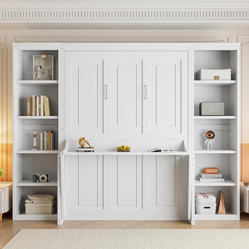 Queen Size Murphy Bed Wall Cabinet with 2 Wardrobe and Storage Shelf, Wooden Murphy Cube Wall Bed